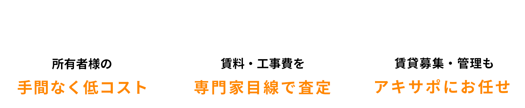 所有者様の自己負担は0円/賃料・工事費を専門家目線で査定/賃貸募集・管理もアキサポにお任せ