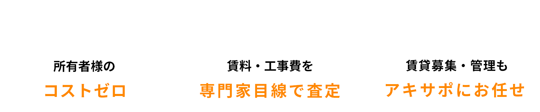 所有者様の自己負担は0円/賃料・工事費を専門家目線で査定/賃貸募集・管理もアキサポにお任せ