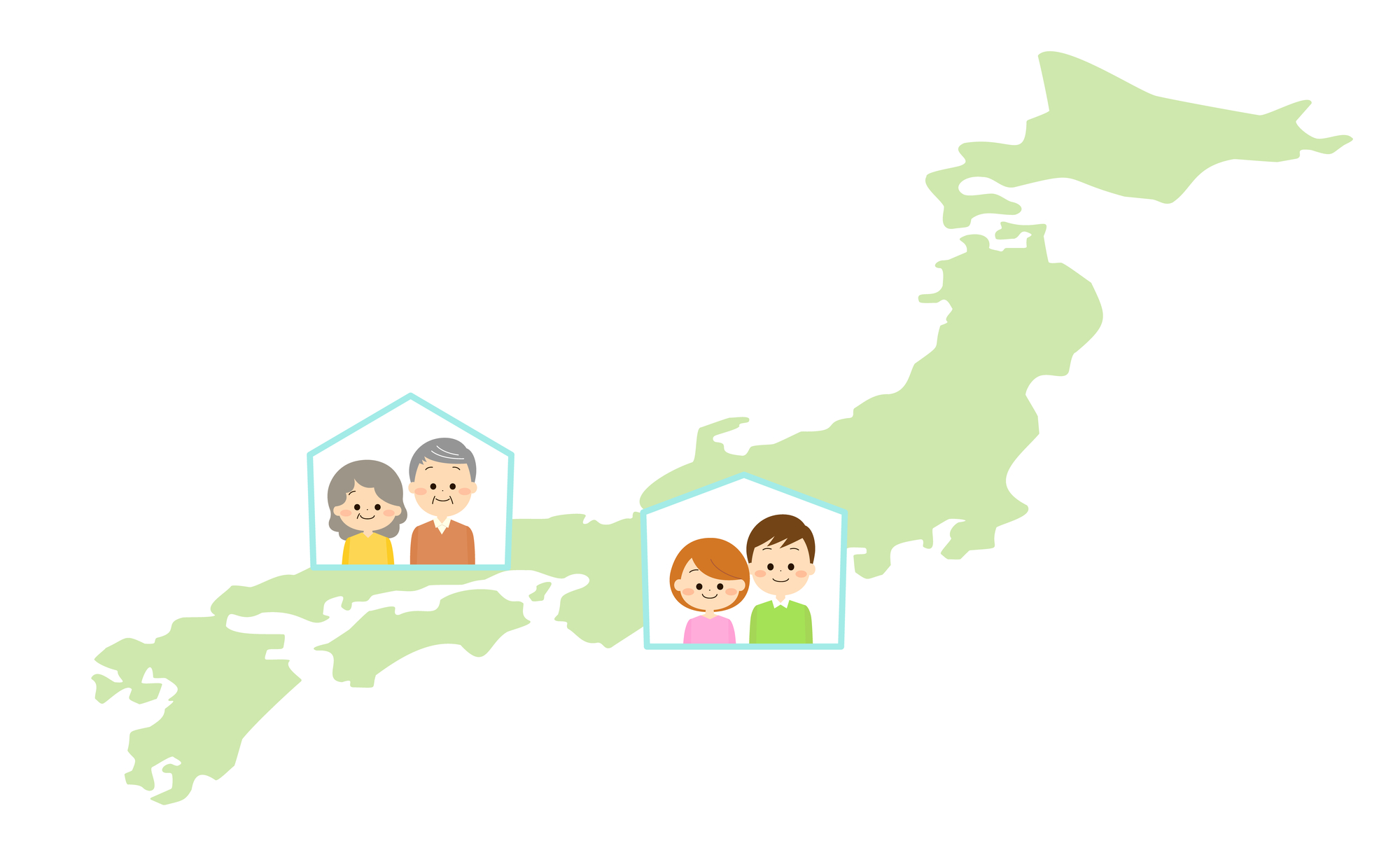 日本地図上の離れた場所に暮らす、高齢の夫婦と若い家族のイラスト