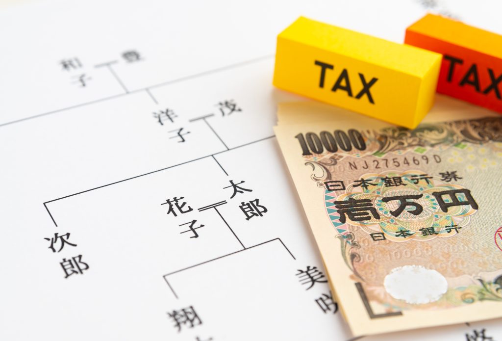 未登記建物の遺産分割協議や相続税・固定資産税の対象を表す家系図と一万円札・TAXブロック